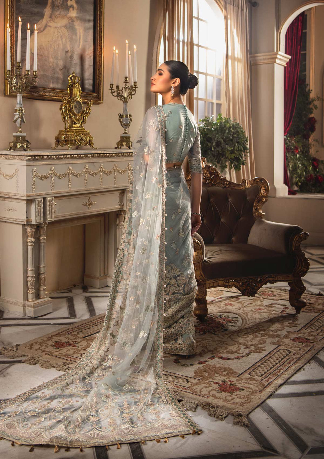 Pakistani Saree Dress in Greenish Grey Shade Online
