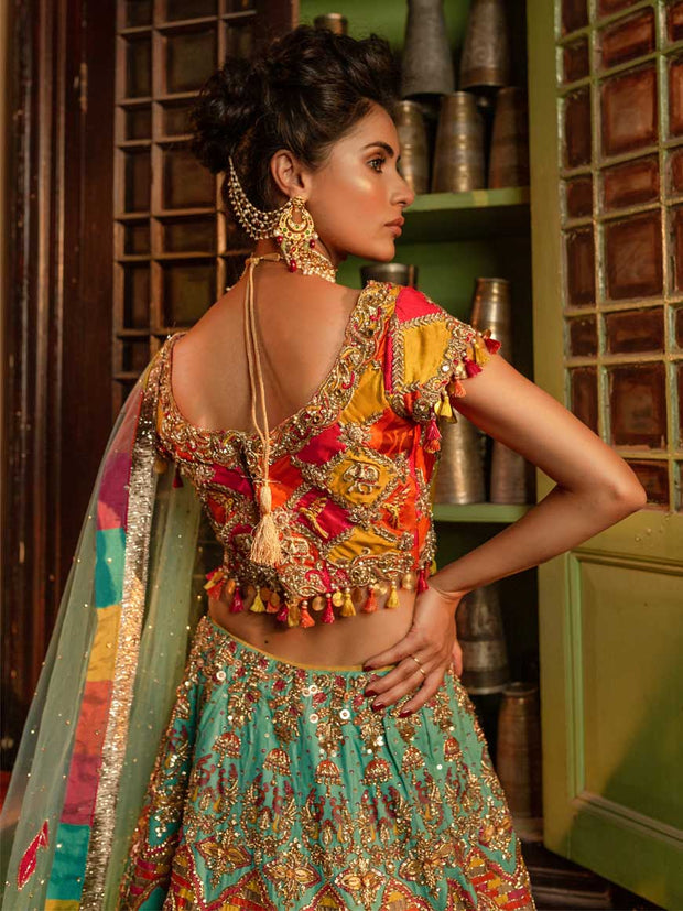 Pakistani Satrangi Mehndi Lehnga Choli Backside View