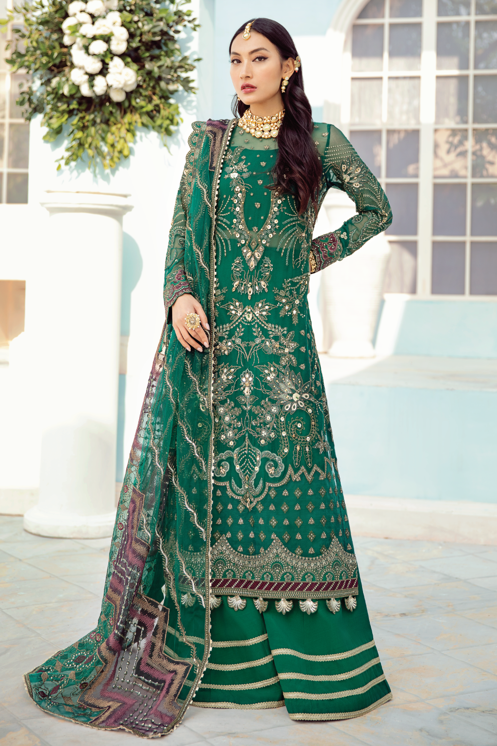 Pakistani Sharara in Green Shade with Embroidery