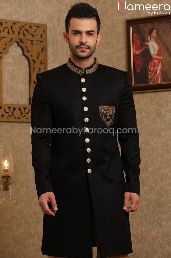  Pakistani Sherwani Black for Groom Online 2021 close up view