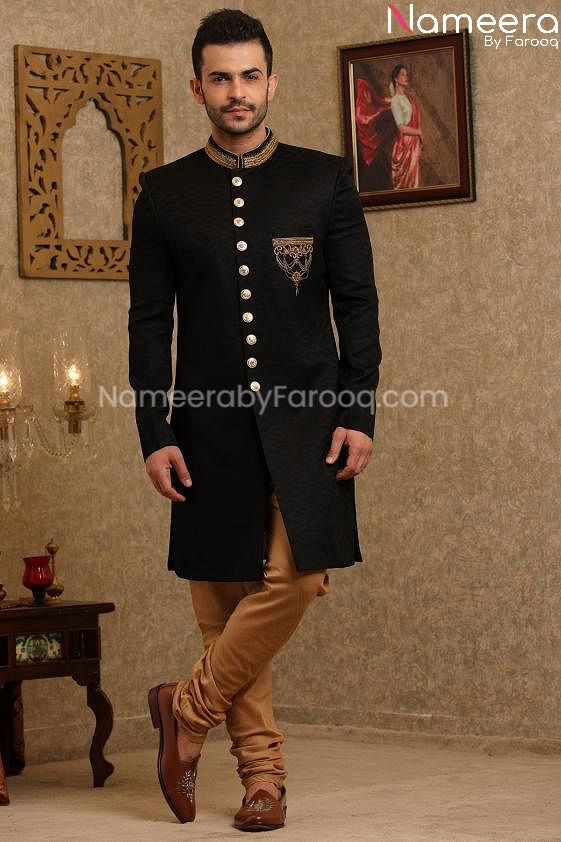  Pakistani Sherwani Black for Groom Online 2021 Front Look