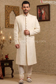 Pakistani Sherwani Wedding in Off White Color Front Look