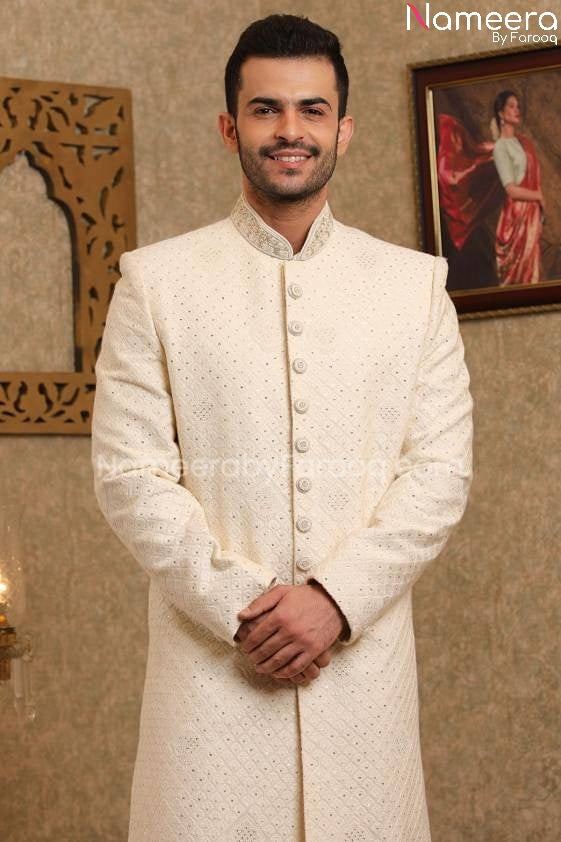 Pakistani Sherwani Wedding in Off White Color Close Up View