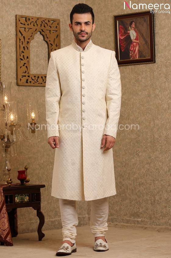 Pakistani Sherwani Wedding in Off White Color 