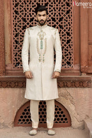 Pakistani Sherwani for Men in Off White Color Front look