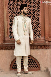 Pakistani Sherwani for Men in Off White Color Overall look