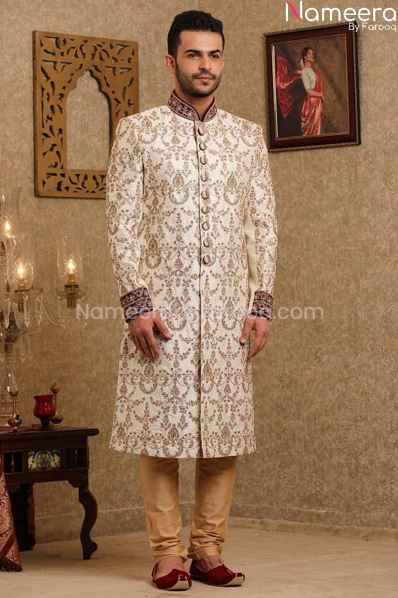Pakistani Off White Sherwani for Groom Online Front Look