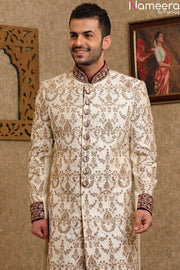 Pakistani Off White Sherwani for Groom Online Close Up View