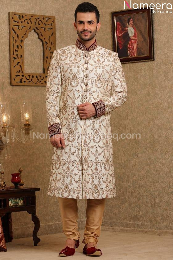 Pakistani Off White Sherwani  for Groom Online Front Look