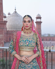 Pakistani Teal Blue Bridal Lehenga Choli and Dupatta Online