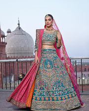 Pakistani Teal Blue Bridal Lehenga Choli and Dupatta