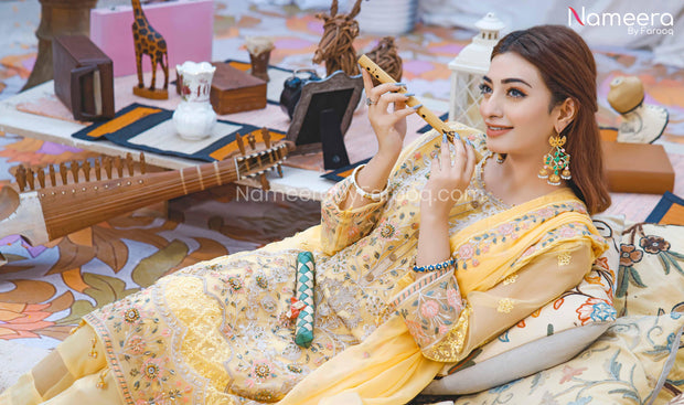 Pakistani Traditional Dress in Yellow Shade Online