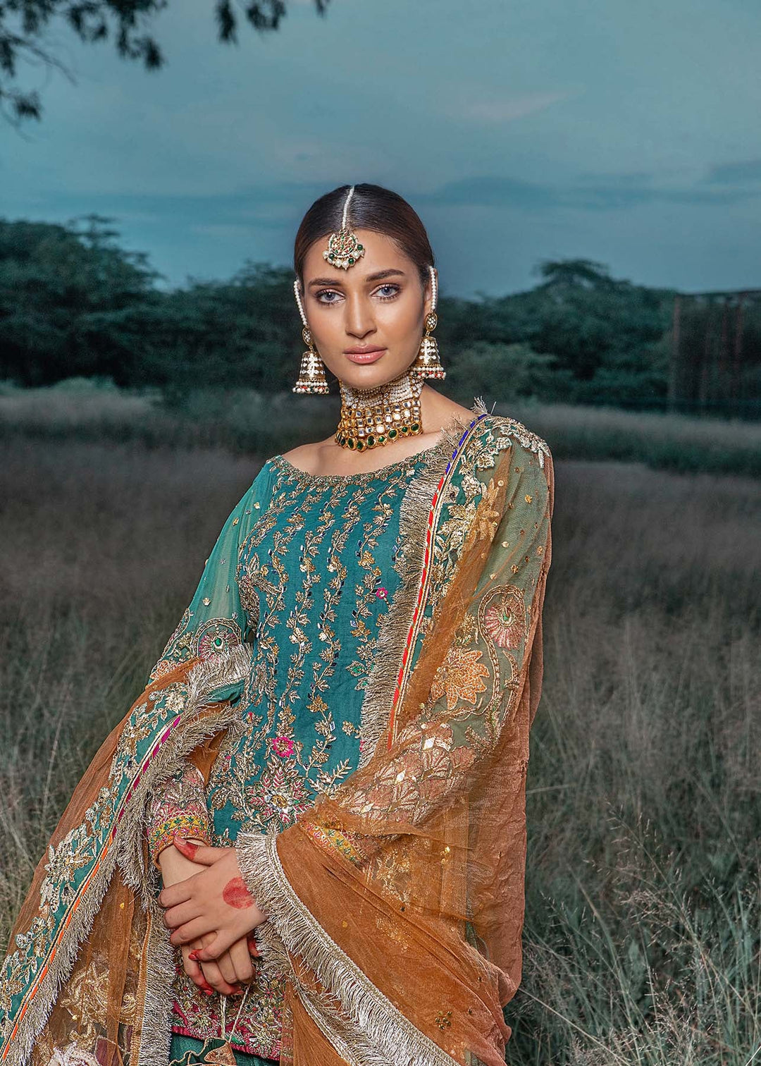 Pakistani Traditional Emerald Bridal Gharara Kameez Dress