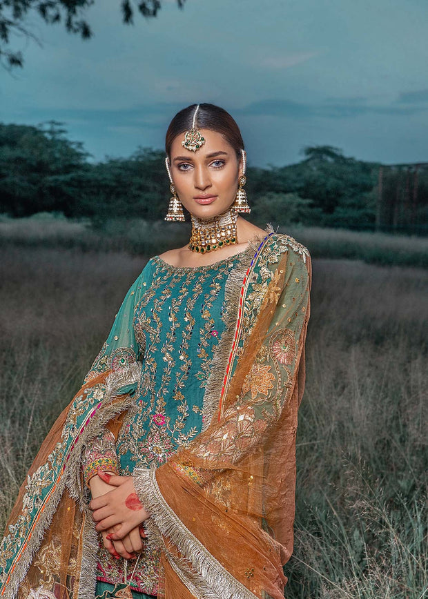 Pakistani Traditional Emerald Bridal Gharara Kameez Dress