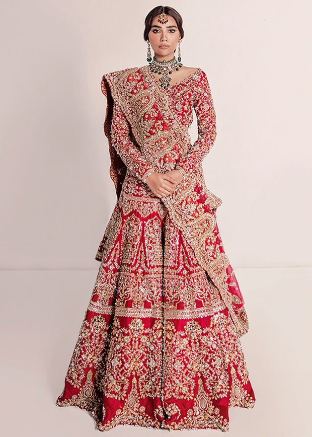 Pakistani Traditional Heavy Bridal Outfit in Red Color