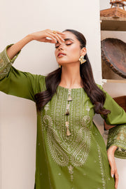 Pakistani Kameez Trousers Party Dress in Army Green Shade