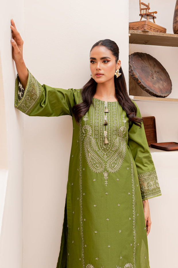 Pakistani Traditional Kameez Trousers Party Dress in Army Green Shade