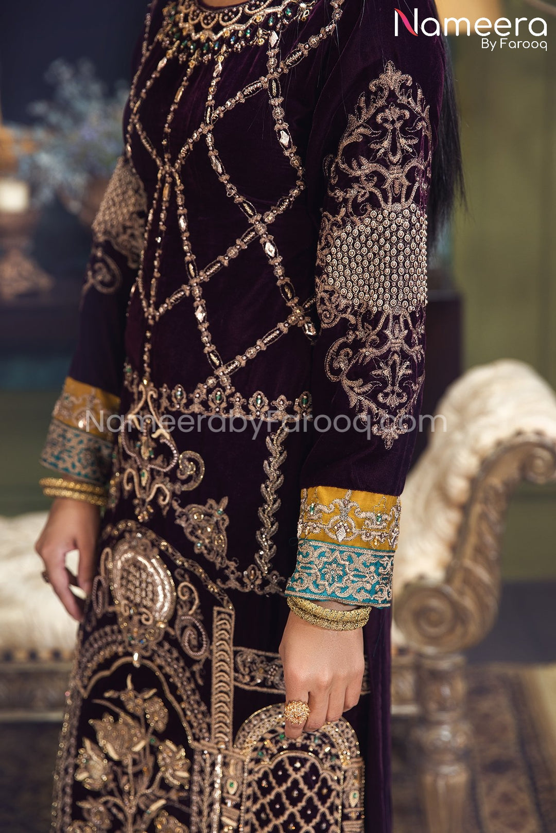Pakistani Velvet Dress with Hand-Embellishments Online 2021 – Nameera by  Farooq