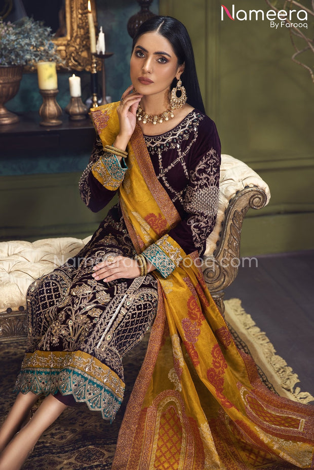 Pakistani Velvet Dress with Hand-Embellishments Online 2021 – Nameera by Farooq