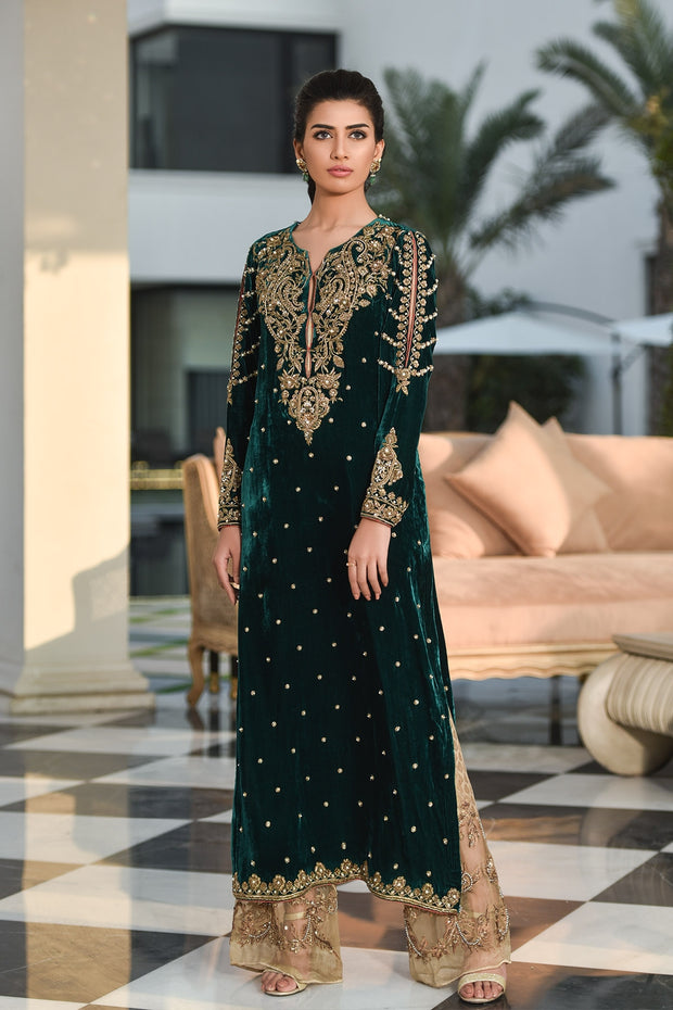 Pakistani Velvet Long Shirt in Bottle Green Color Nameera by Farooq