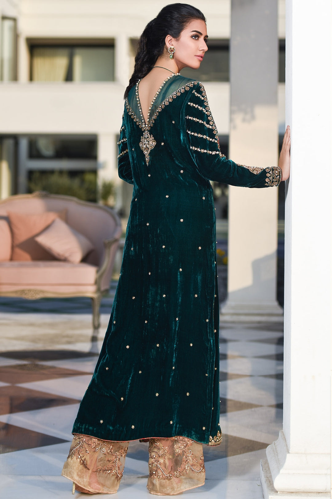 Pakistani Velvet Long Shirt in Bottle Green Color Backside Look