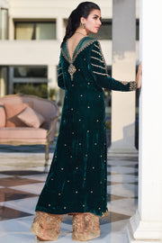 Pakistani Velvet Long Shirt in Bottle Green Color Backside Look