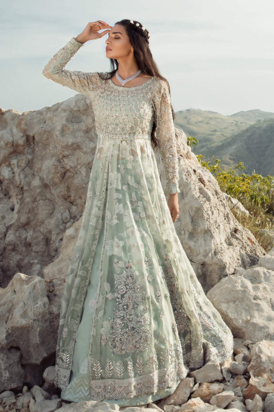 Pakistani Walima Bridal Maxi in Light Turquoise Color Nameera by Farooq