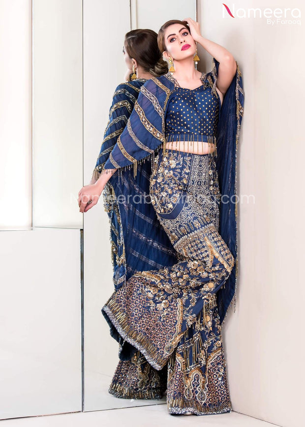 Pakistani Wedding Blouse Trouser Dress in Blue for Party