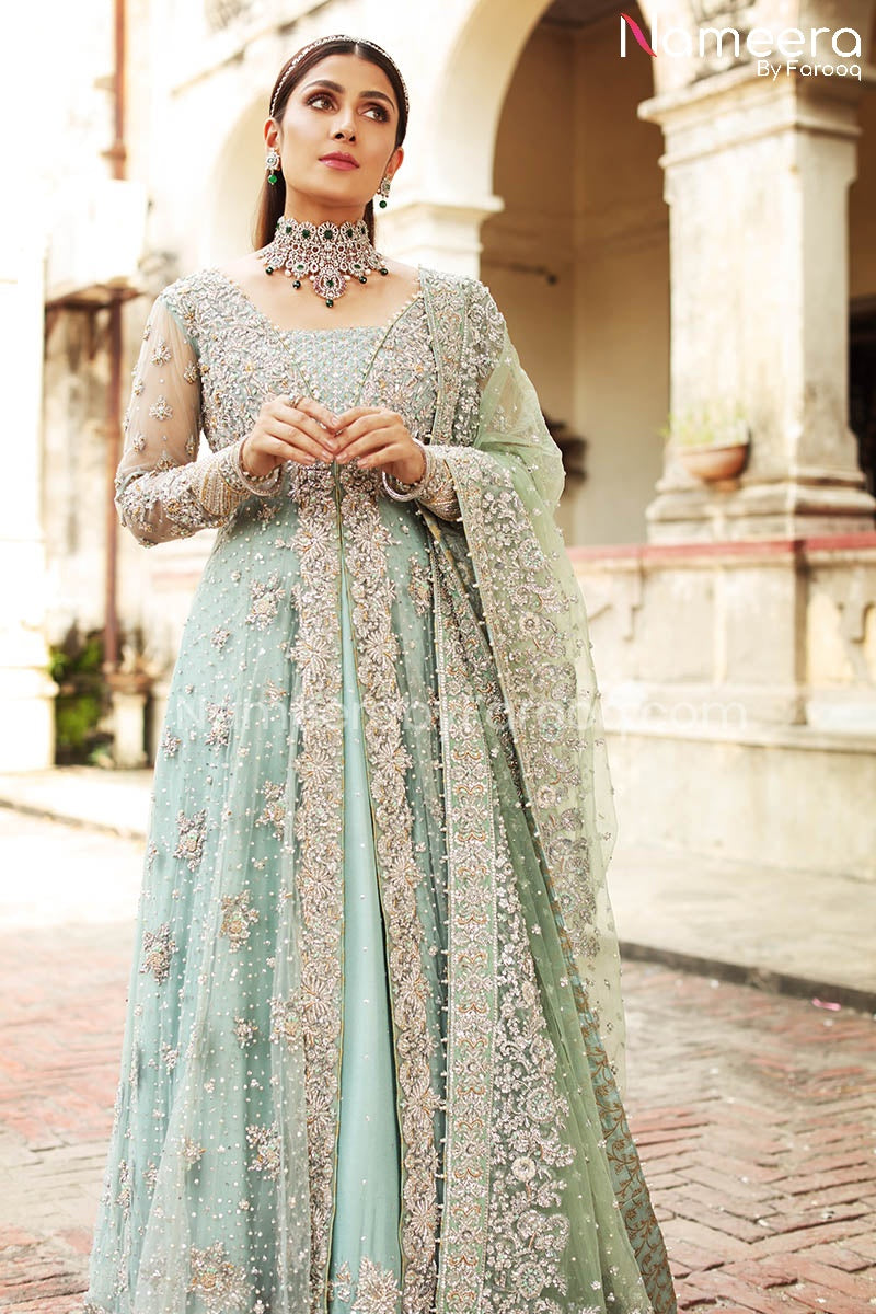 knee length dresses for ladies Ice Blue Front Open Lehenga Gown Pakistani Wedding Dresses – Nameera by  Farooq