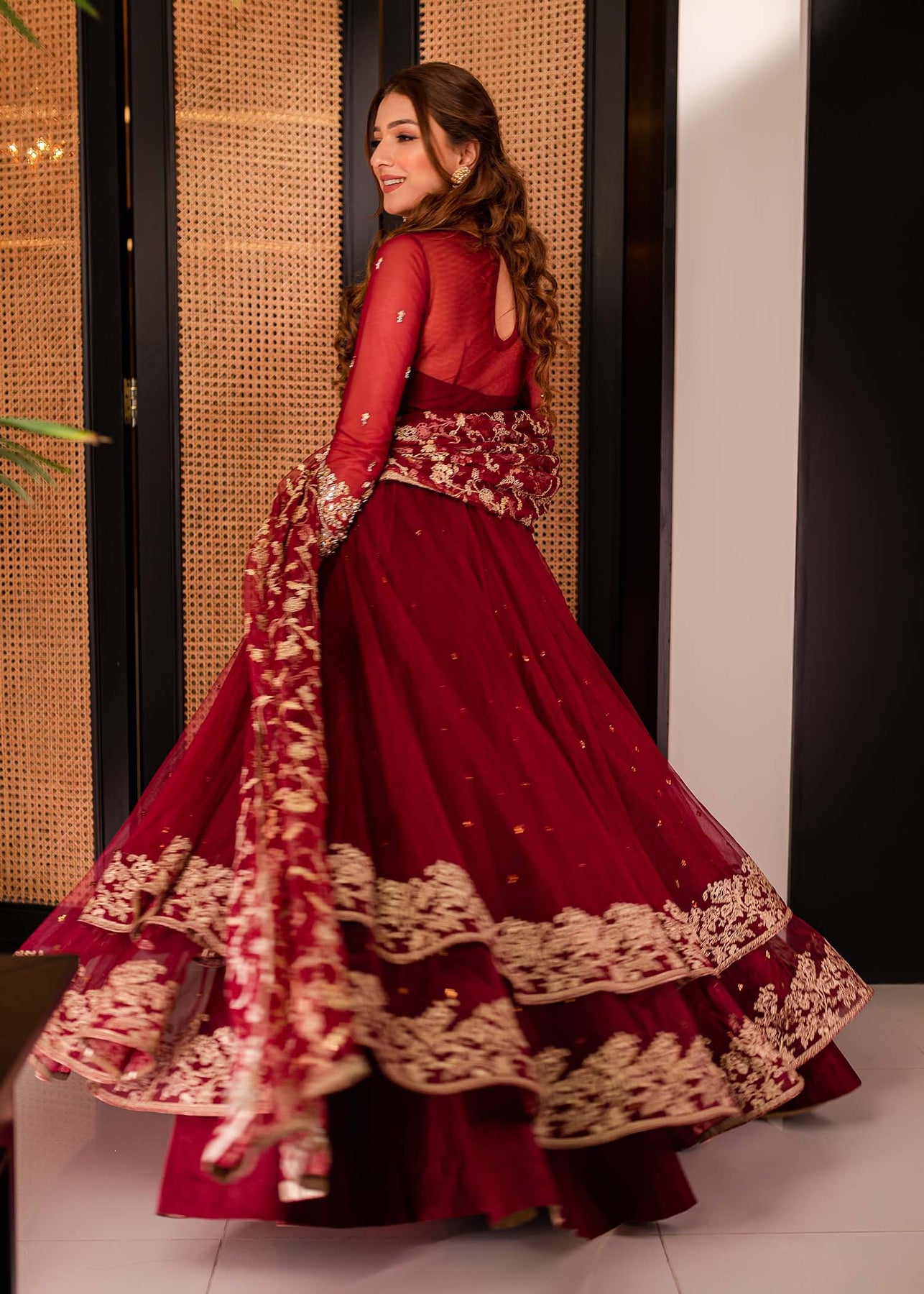 Pakistani Wedding Dress in DoubleLayered Pishwas Style Nameera by Farooq