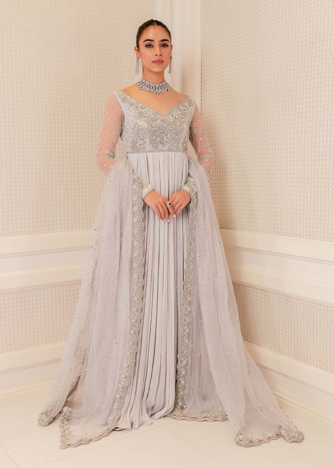 Pakistani Wedding Dress in Grey Maxi and Dupatta Style