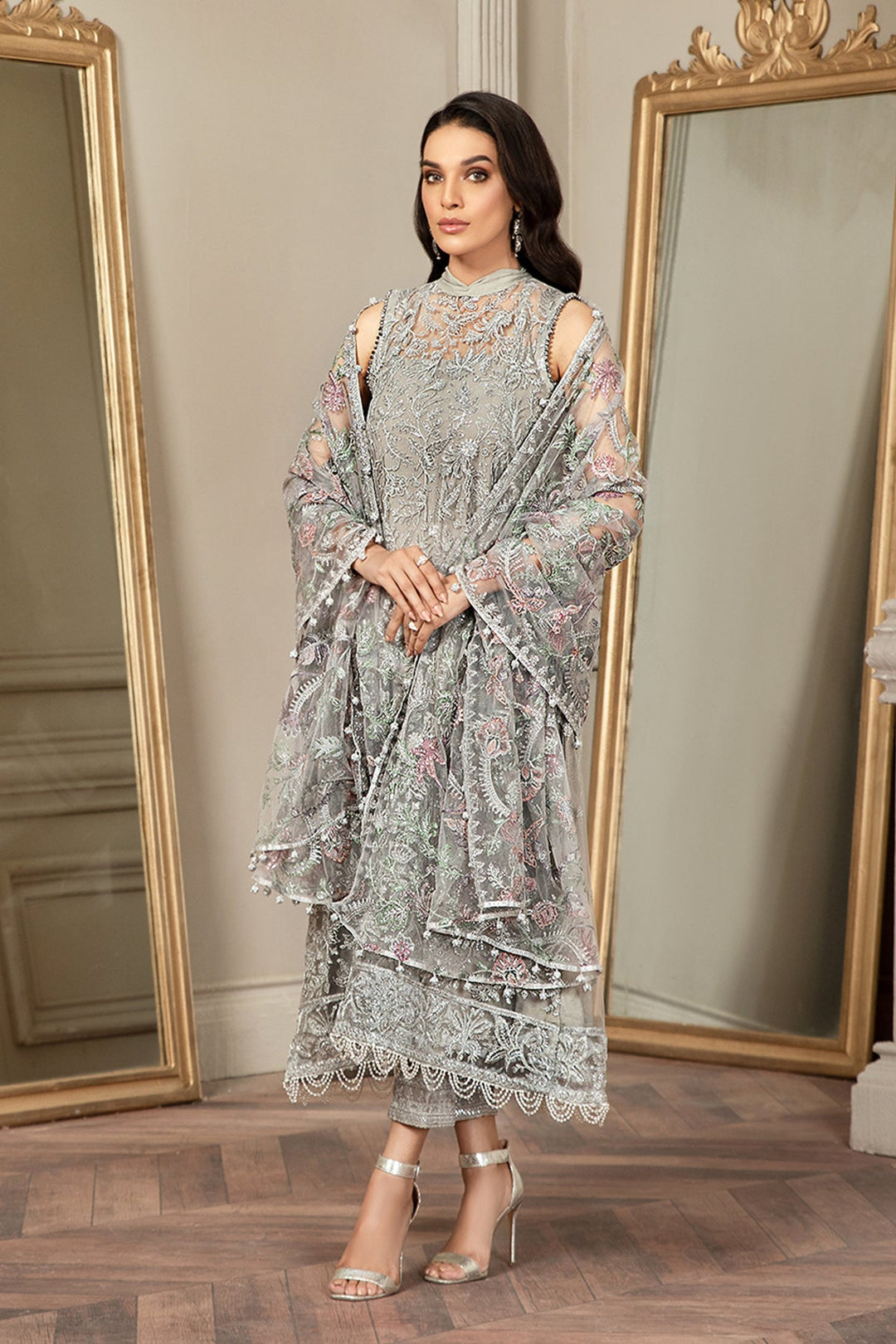 Pakistani Wedding Dress in Net Kameez Trouser Dupatta Style