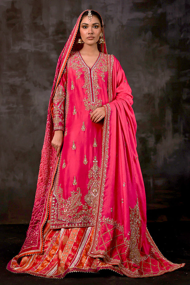 Pakistani Wedding Dress in Pink Gharara Kameez Style Online
