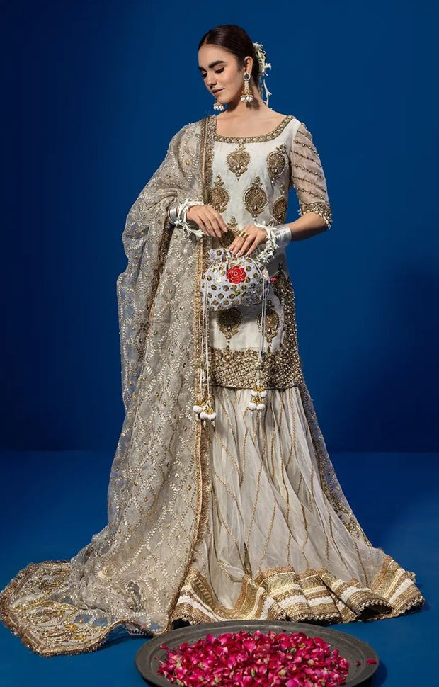 Pakistani Wedding Dress in White Kameez Gharara Style