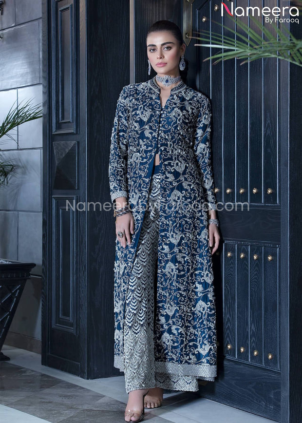 Pakistani Wedding Gown in Blue Metallic Color Online