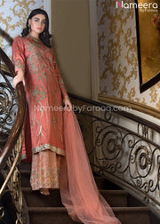 Pakistani Wedding Long Shirt with Sharara Dress in Peach