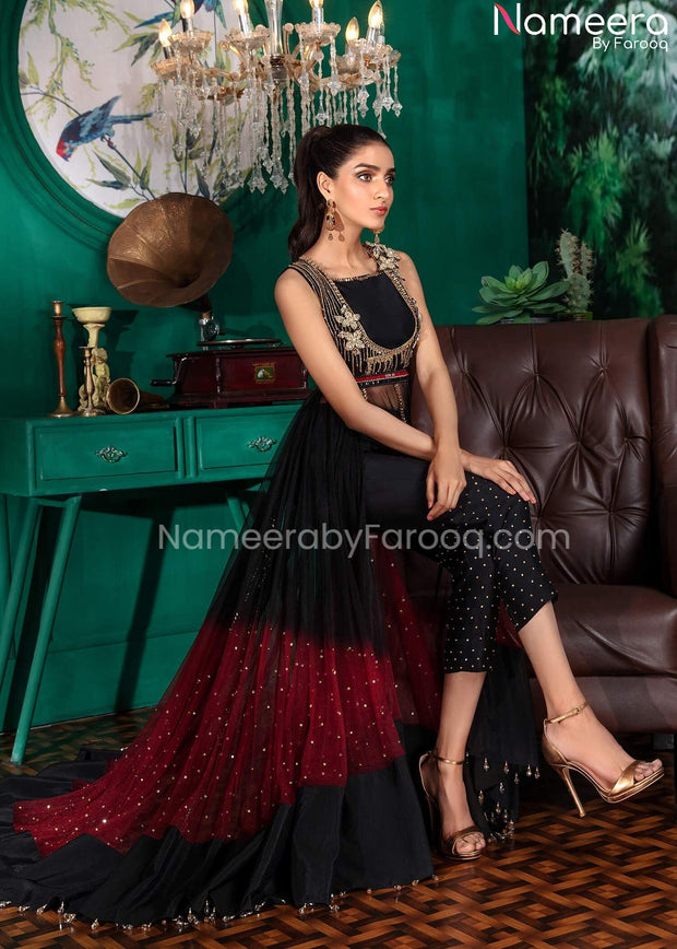 Pakistani Wedding Net Maxi Dress in Red Black 2022