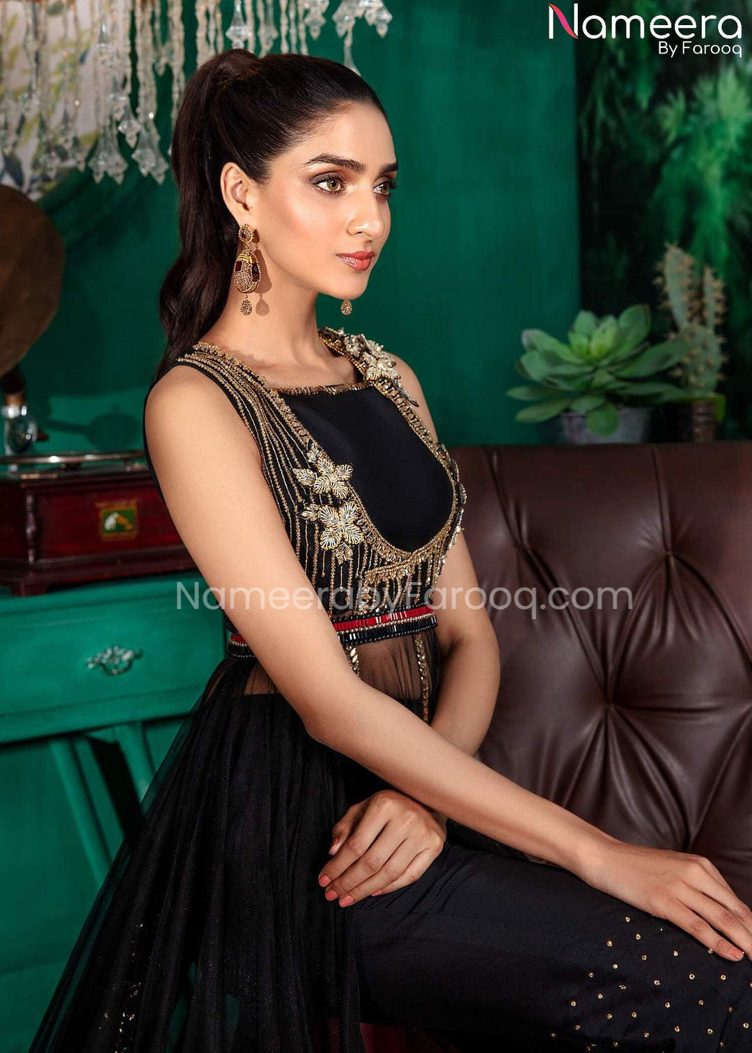 Pakistani Wedding Net Maxi Dress in Red Black Pakistani