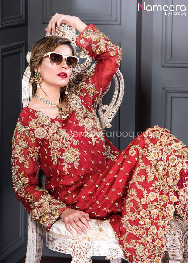 Pakistani Wedding Organza Shirt Trouser in Red for Party