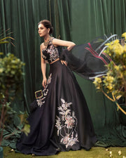 Pakistani Wedding Raw Silk Black Lehenga Choli Dress Online