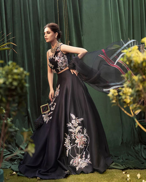 Pakistani Wedding Raw Silk Black Lehenga Choli Dress Online