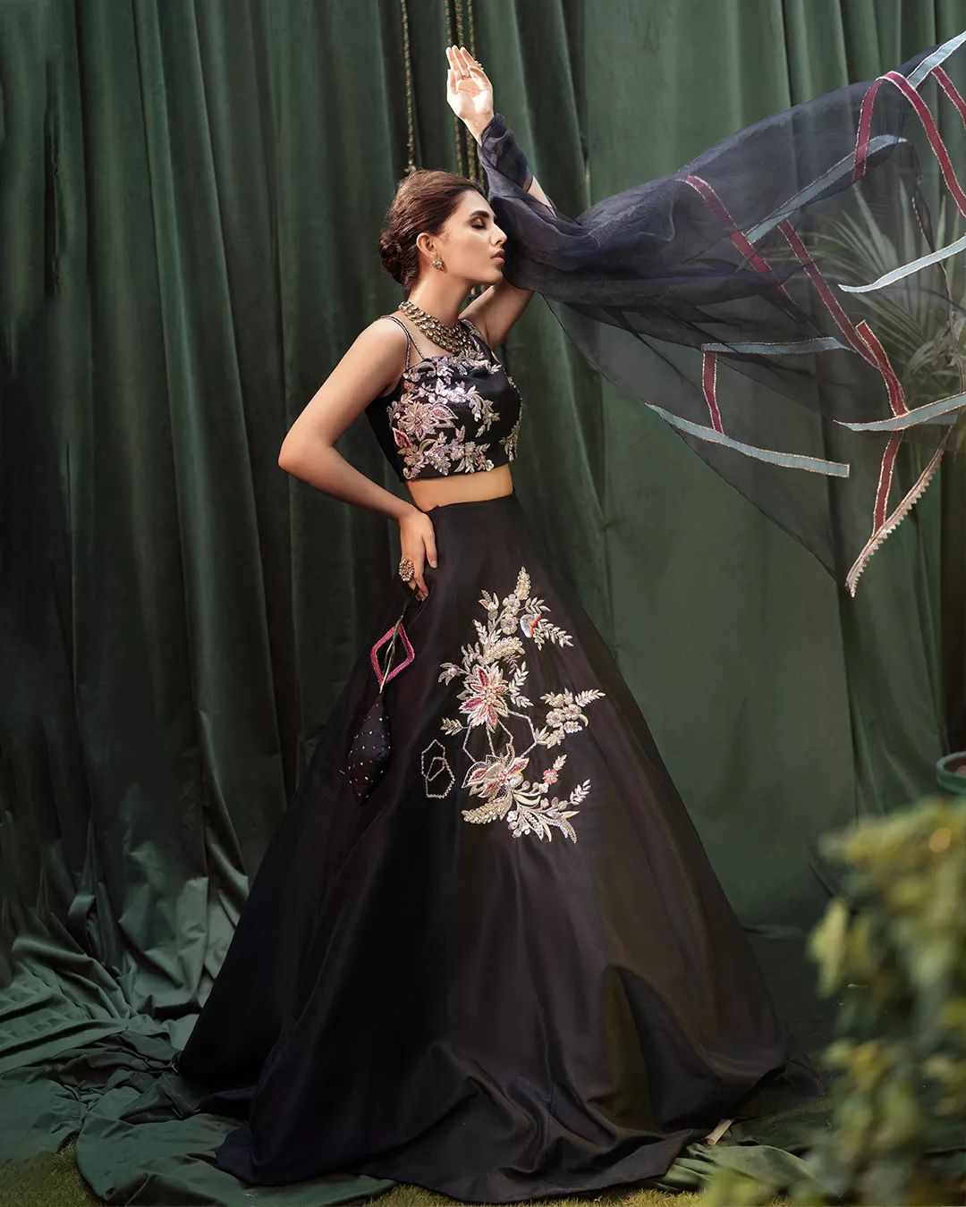 Pakistani Wedding Raw Silk Black Lehenga Choli Dupatta Dress