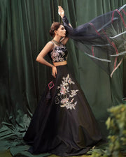Pakistani Wedding Raw Silk Black Lehenga Choli Dupatta Dress