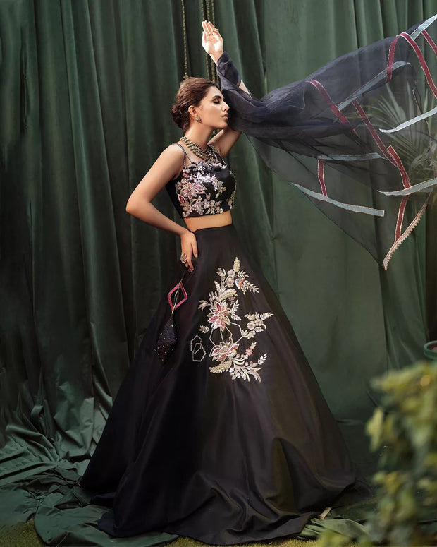 Pakistani Wedding Raw Silk Black Lehenga Choli Dupatta Dress