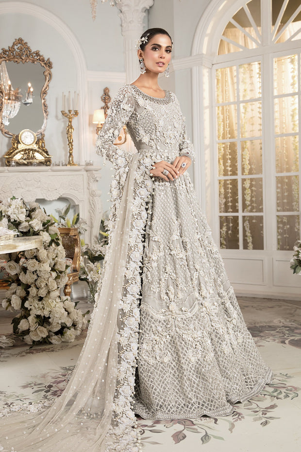 Pakistani White Bridal Dress in Gown Lehenga