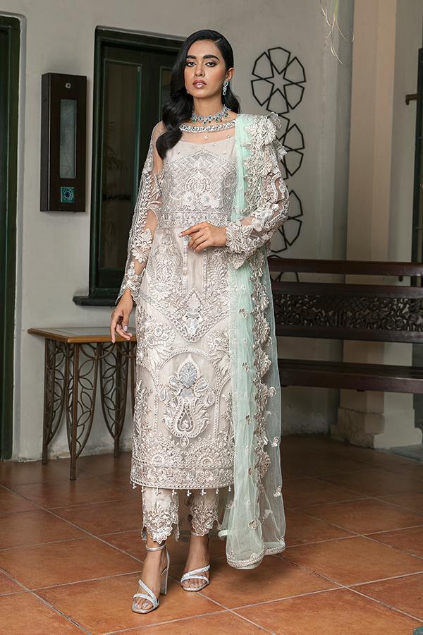 Pakistani White Dress with Silver Work Online #PF130