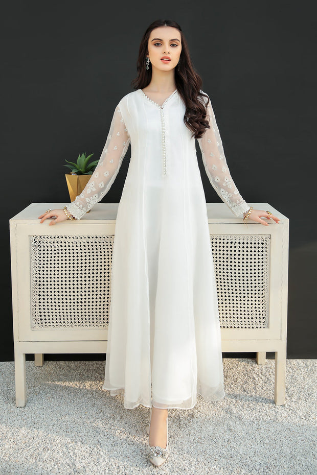 Pakistani White Embroidered Long Frock Party Wear