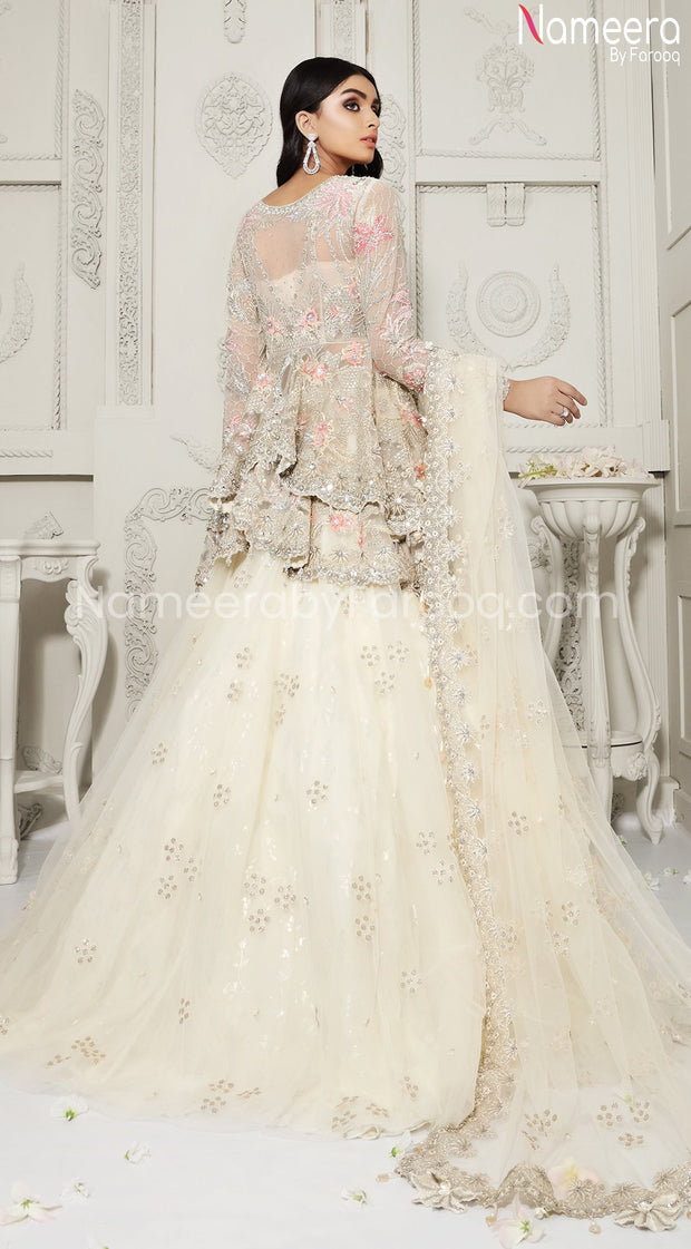 Pakistani White Lehenga Bridal with Embroidery Backside Look