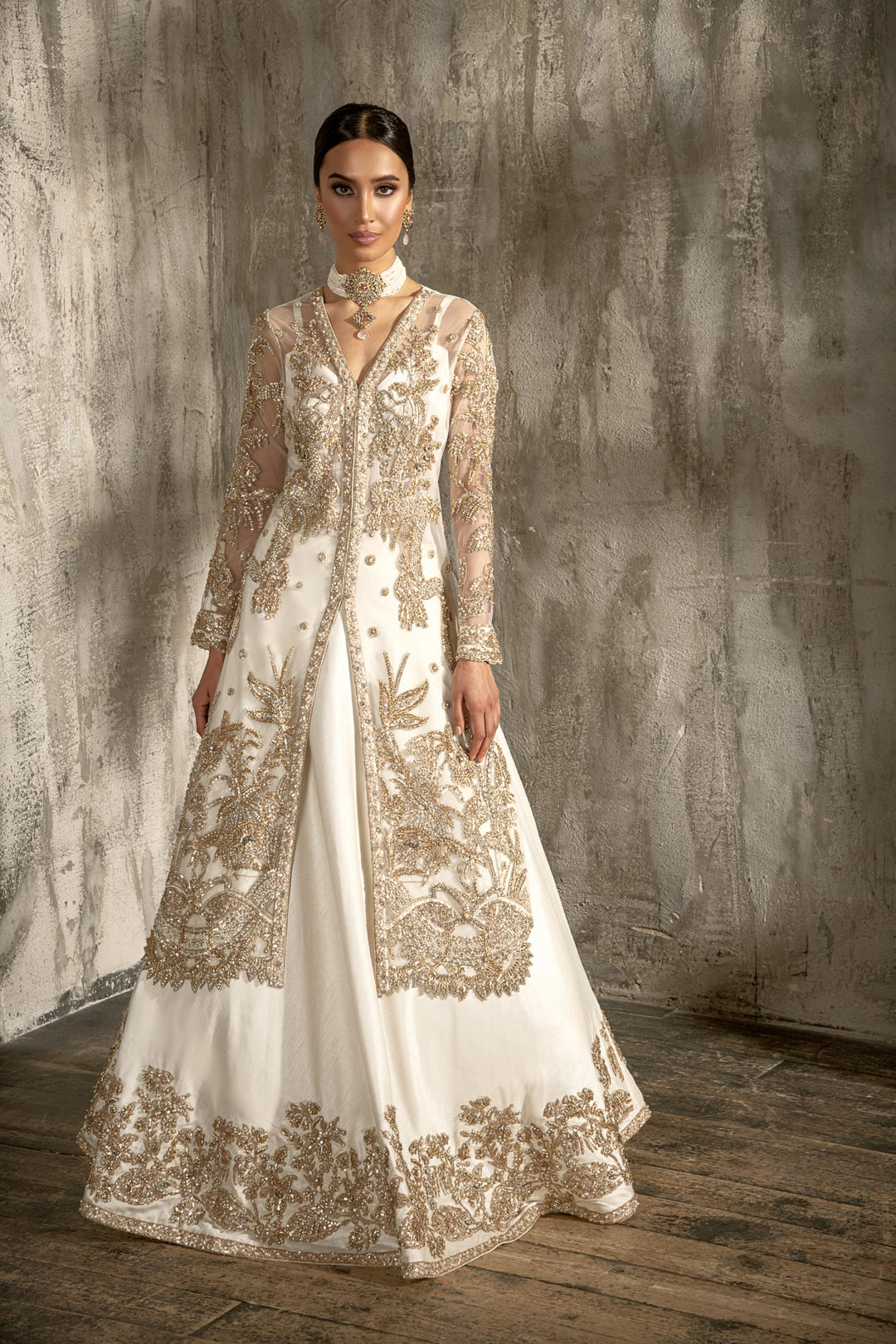 Pakistani White Lehenga with Front Open Frock