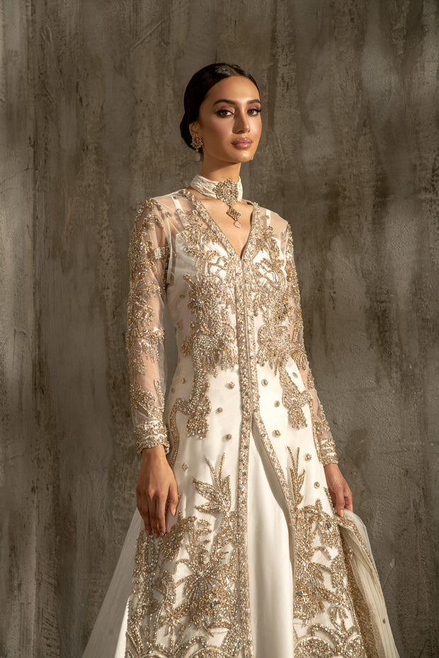 Pakistani White Lehenga with Front Open Frock Dress